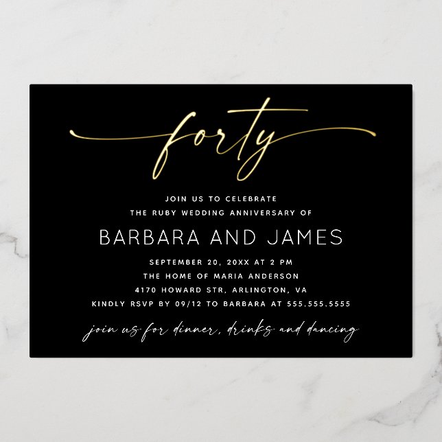 Ruby Wedding 40th Anniversary | Gold & Black Photo Foil Invitation (Front)