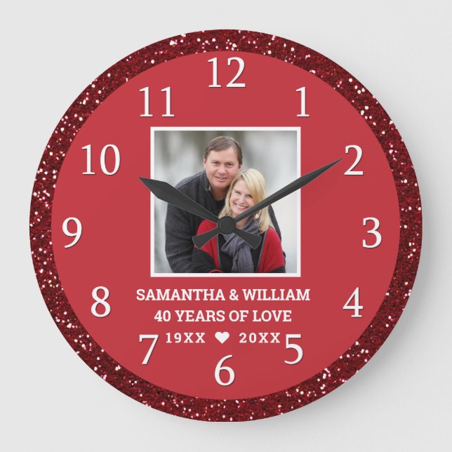 Ruby Wedding 40th Anniversary  Photo Red Glitter Large Clock (Front)