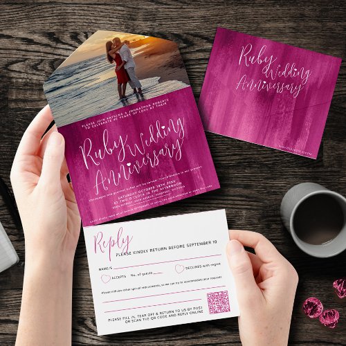 Ruby Wedding 40th photo QR code option RSVP All In One Invitation