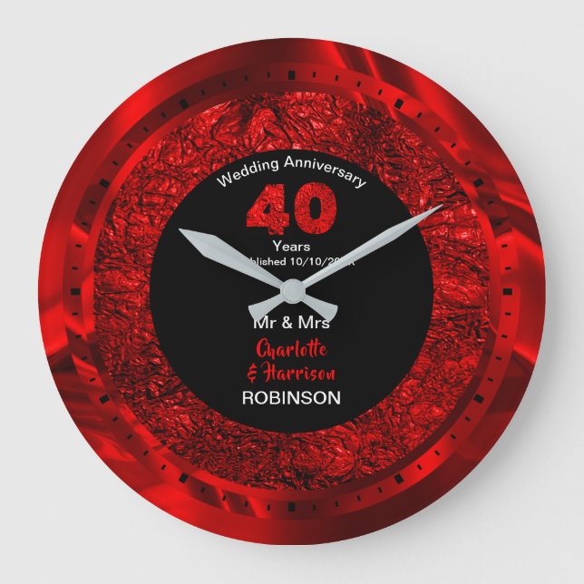 Ruby Wedding Anniversary 40 Years Personalized Lar Large Clock (Front)