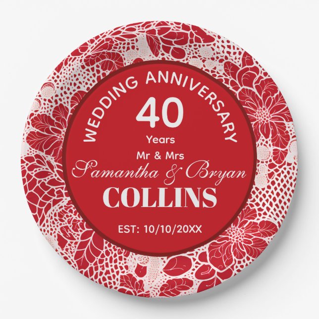 Ruby Wedding Anniversary 40 years Personalized Paper Plates (Front)