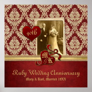 Ruby Wedding Anniversary Antique Damask Gold Red Poster