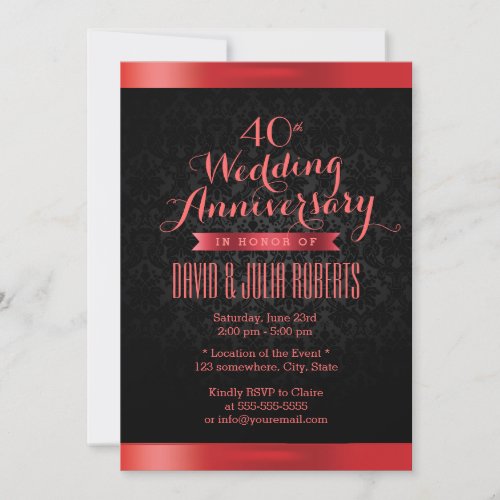 Classy Black Damask Ruby Wedding Anniversary 5x7 Paper Invitation Card