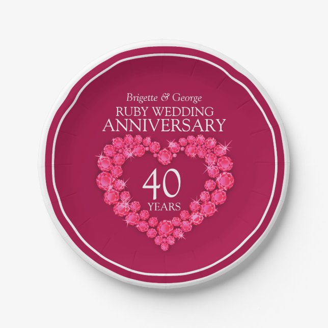 Ruby wedding anniversary heart 40 years paper plates (Front)