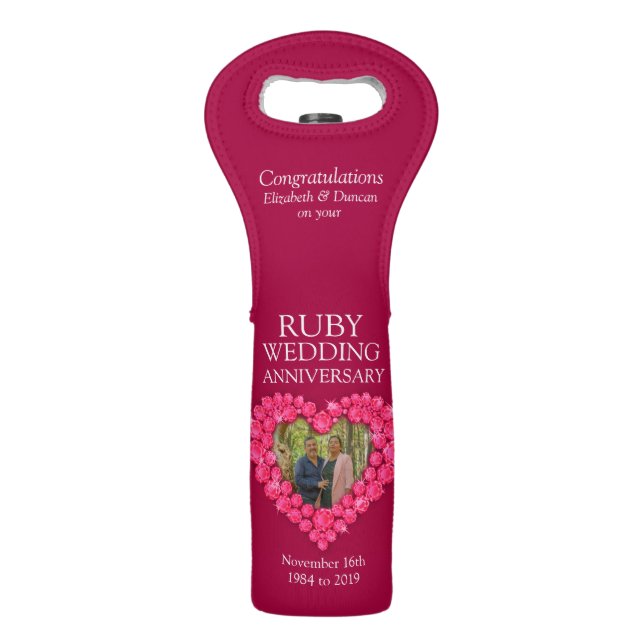 Ruby wedding anniversary heart photo wine bag (Front)