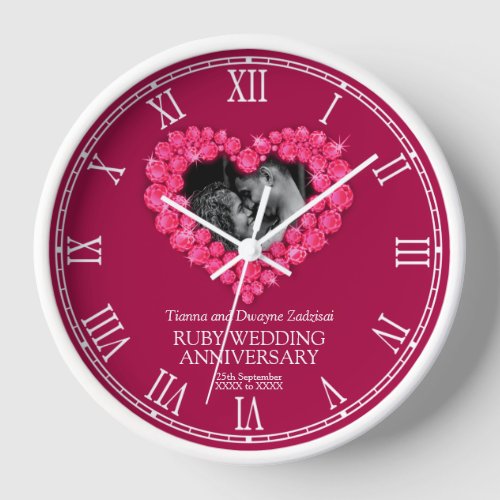 Ruby wedding anniversary photo heart custom clock