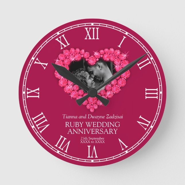 Ruby wedding anniversary photo heart custom round clock (Front)