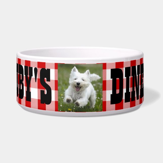 Ruby's Diner Dog's Name & Photo Red & White Checks Bowl (Front)