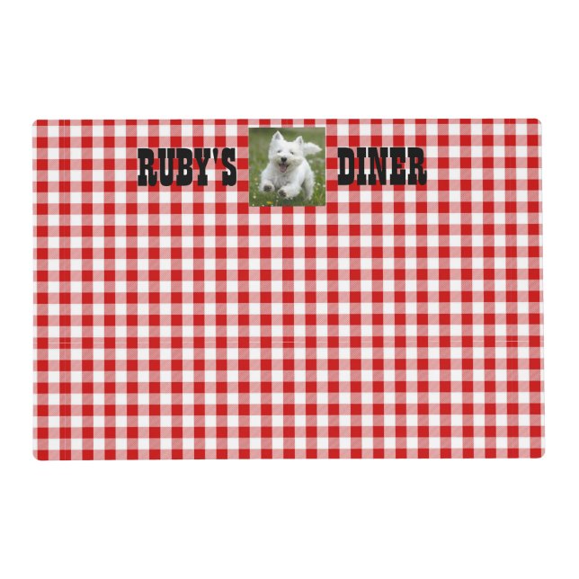 Ruby's Diner Dog's Name & Photo Red & White Checks Placemat (Front)