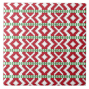 Rucava Red and green folk art geometric pattern II Ceramic Tile