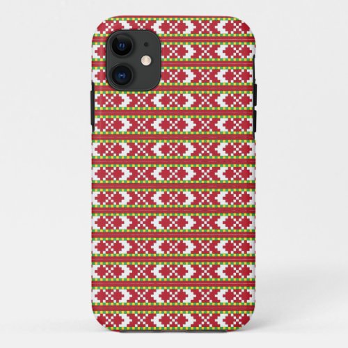Rucava Red and white folk art geometric design IV iPhone 11 Case
