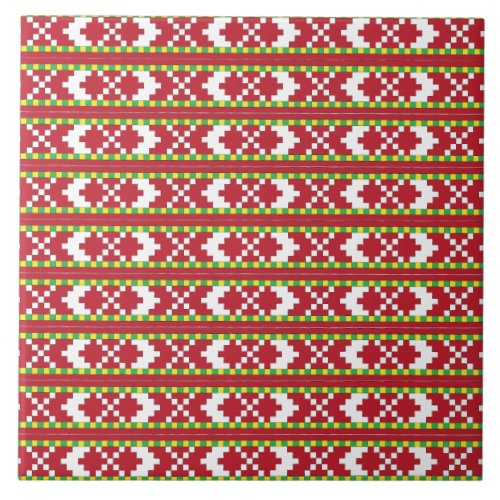 Rucava Red and white folk art geometric design IV Ceramic Tile