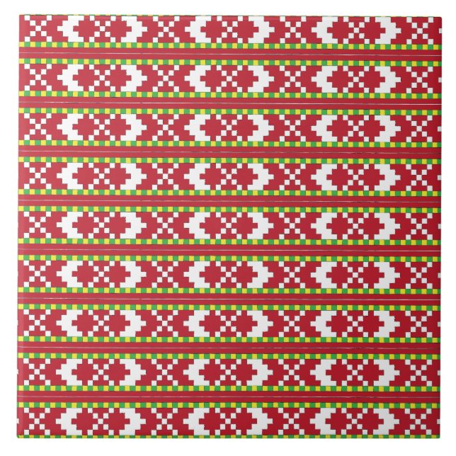 Rucava Red and white folk art geometric design IV Ceramic Tile (Front)