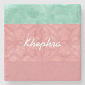 Ruddy Pink Batik And Blue Watercolor Name Stone Coaster