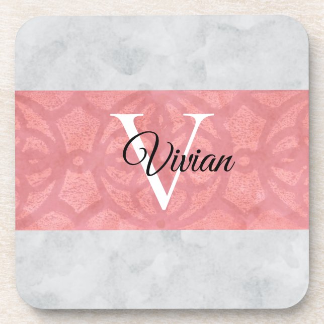Ruddy Pink Batik And Grey Watercolor Monogrammed Beverage Coaster (Front)
