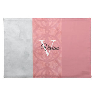 Ruddy Pink Batik And Grey Watercolor Monogrammed Cloth Placemat