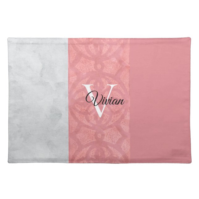 Ruddy Pink Batik And Grey Watercolor Monogrammed Cloth Placemat (Front)