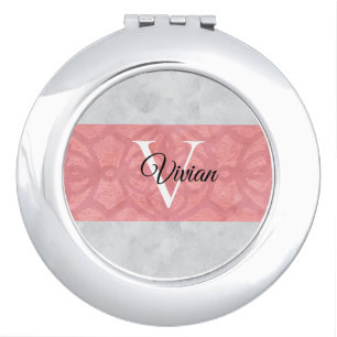 Ruddy Pink Batik And Grey Watercolor Monogrammed Compact Mirror