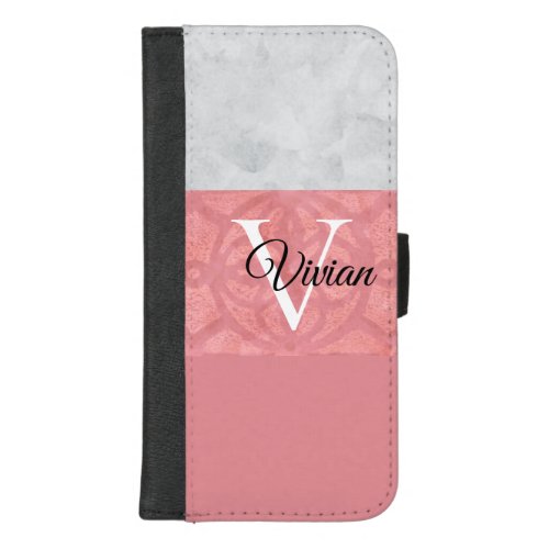 Ruddy Pink Batik And Grey Watercolor Monogrammed iPhone 87 Plus Wallet Case