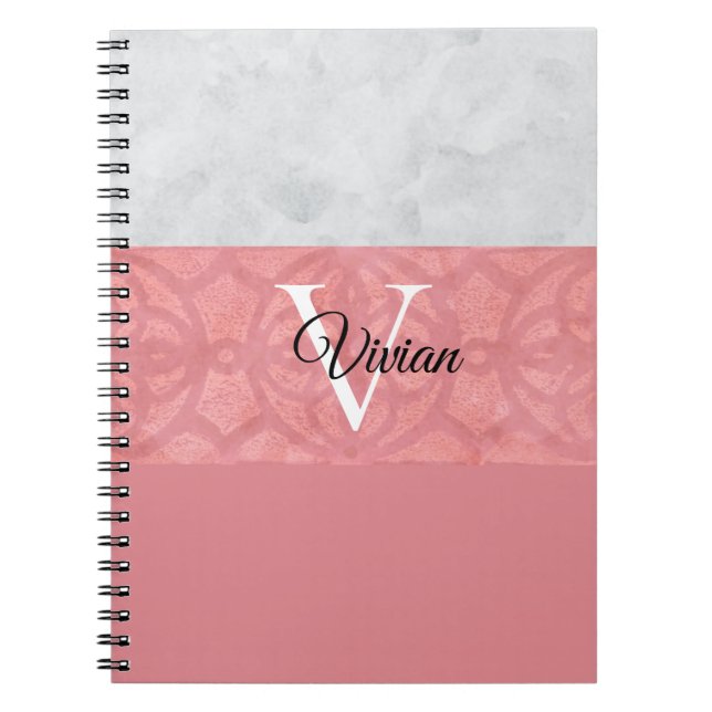 Ruddy Pink Batik And Grey Watercolor Monogrammed Notebook (Front)