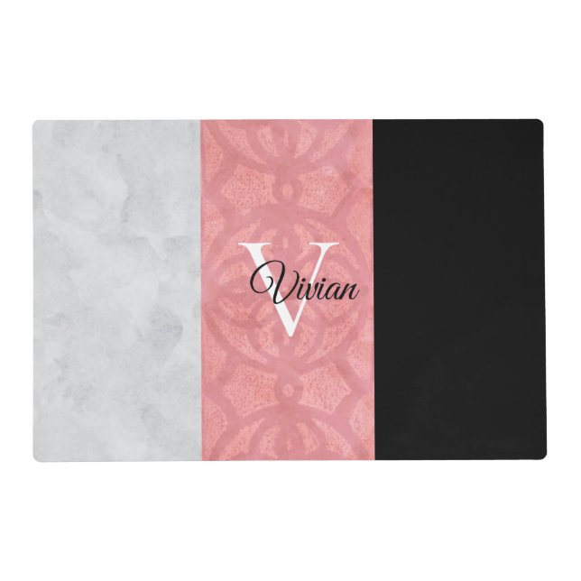 Ruddy Pink Batik And Grey Watercolor Monogrammed Placemat (Front)