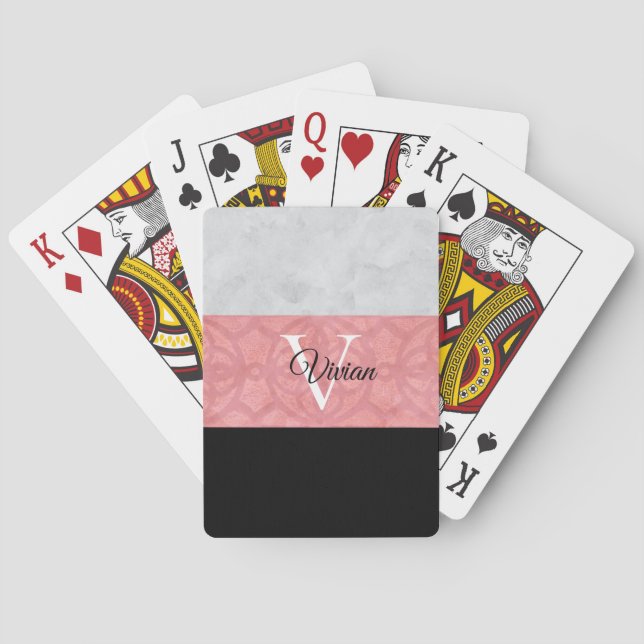 Ruddy Pink Batik And Grey Watercolor Monogrammed Poker Cards (Back)