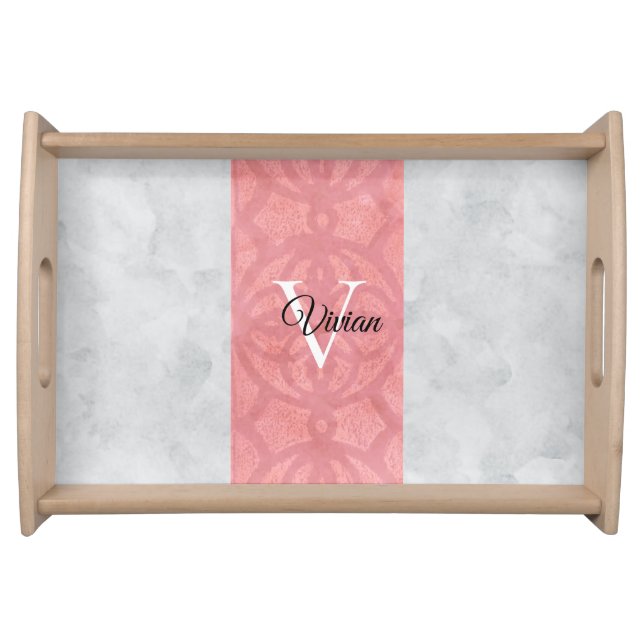Ruddy Pink Batik And Grey Watercolor Monogrammed Serving Tray (Front)