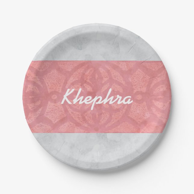 Ruddy Pink Batik Grey Watercolor Name Paper Plates (Front)