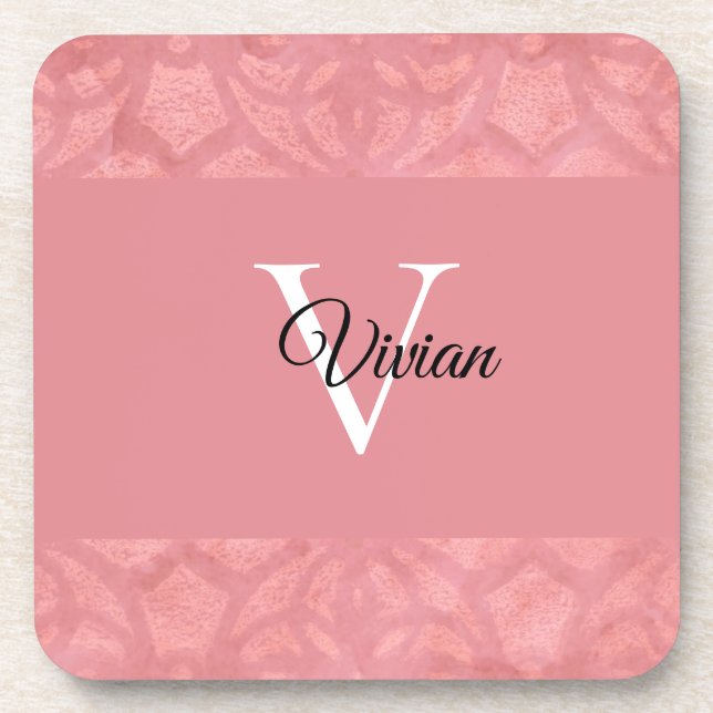 Ruddy Pink Batik Name Monogrammed  Beverage Coaster (Front)