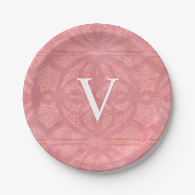 Ruddy Pink Monogrammed Watercolor Paper Plates (Front)