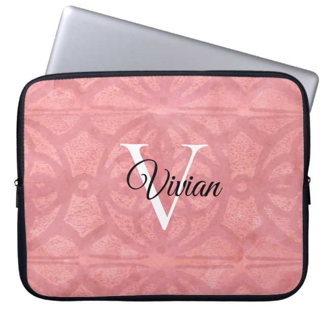 Ruddy Pink Watercolor Monogram Name Laptop Sleeve (Front)