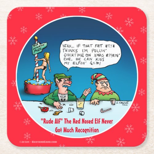 Rude Alf Funny Christmas Elf Square Paper Coaster
