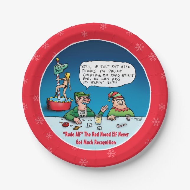 Rude Alf The Red Nosed Elf Cartoon Paper Plates (Front)