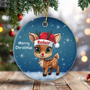 Rudolf Reindeer, red nose deer with antlers 🦌🎄 Ceramic Ornament