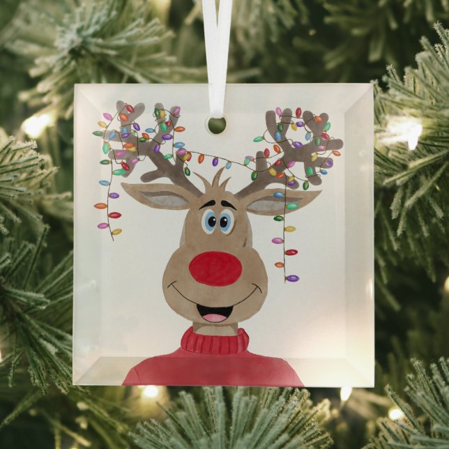 Rudolph Christmas Lights Reindeer Glass Ornament (Insitu)