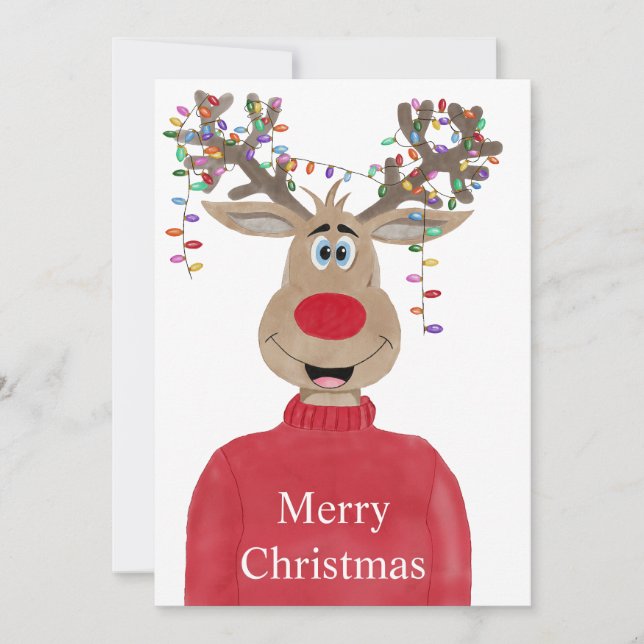 Rudolph Christmas Lights Reindeer Holiday Card (Front)