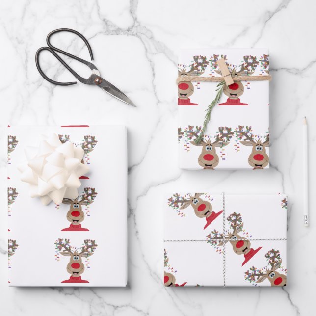 Rudolph Christmas Lights Reindeer Wrapping Paper Sheets (Front)
