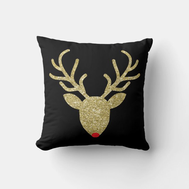 Rudolph Gold Glitter Christmas Throw Pillow (Front)