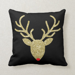 Rudolph Gold Glitter Christmas Throw Pillow