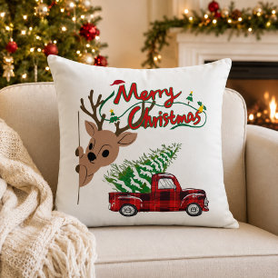 Rudolph Merry Christmas Vintage Plaid Truck Throw Pillow
