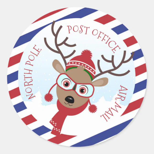 Rudolph North Pole Post Office Round Sticker Zazzle