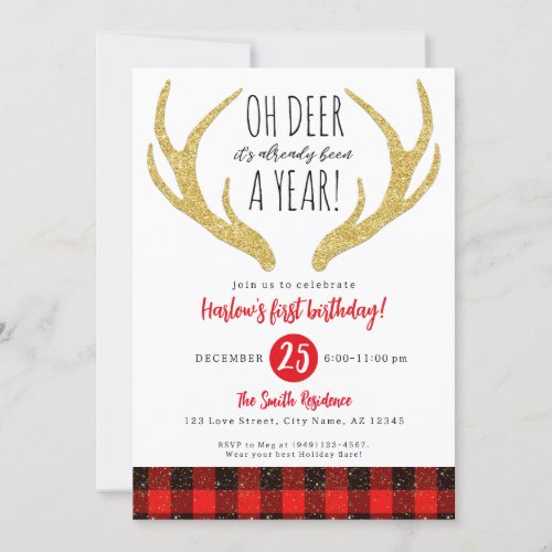 Rudolph Reindeer Oh Deer Christmas 1st Birthday Invitation