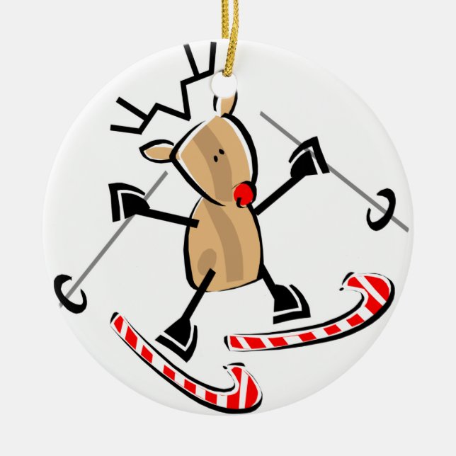 rudolph skiing on camdy canes ceramic ornament (Front)