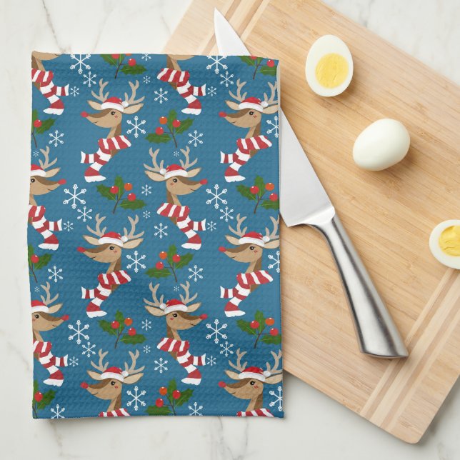 Rudolph, Snowflakes and Christmas Holly Kitchen Towel (Quarter Fold)