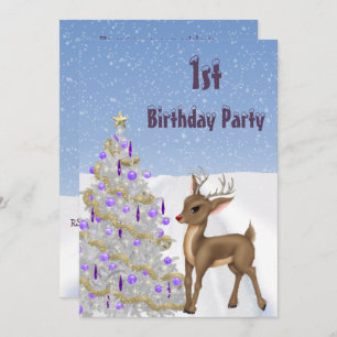 Rudolph, Snowflakes & Christmas Tree 1st Birthday Invitation