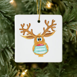 Rudolph the Face Masked Reindeer Ceramic Ornament