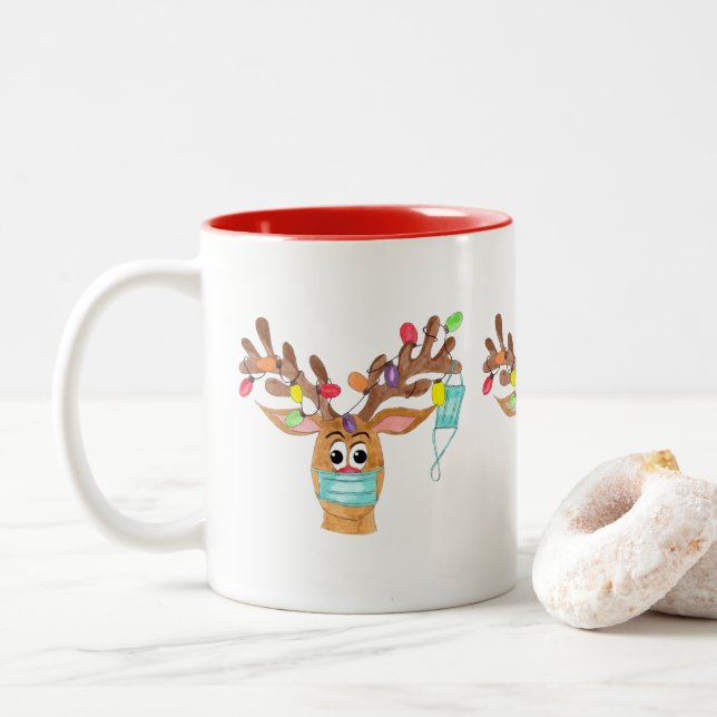 Rudolph the Face Masked Reindeer Two-Tone Coffee Mug (With Donut)