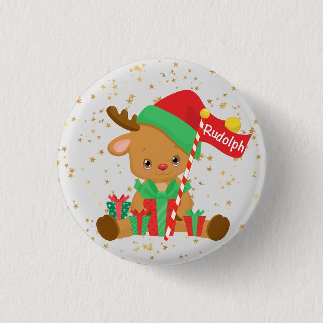 Rudolph the Reindeer with Gifts and Gold Stars Button (Front)