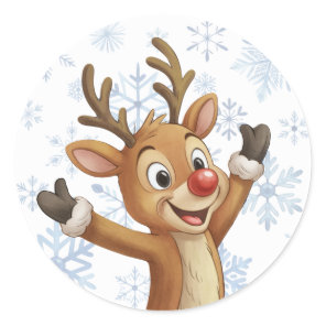 Rudolph With Blue Snowflakes Classic Round Sticker