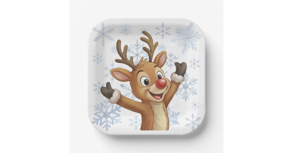 Rudolph With Blue Snowflakes Paper Plates | Zazzle